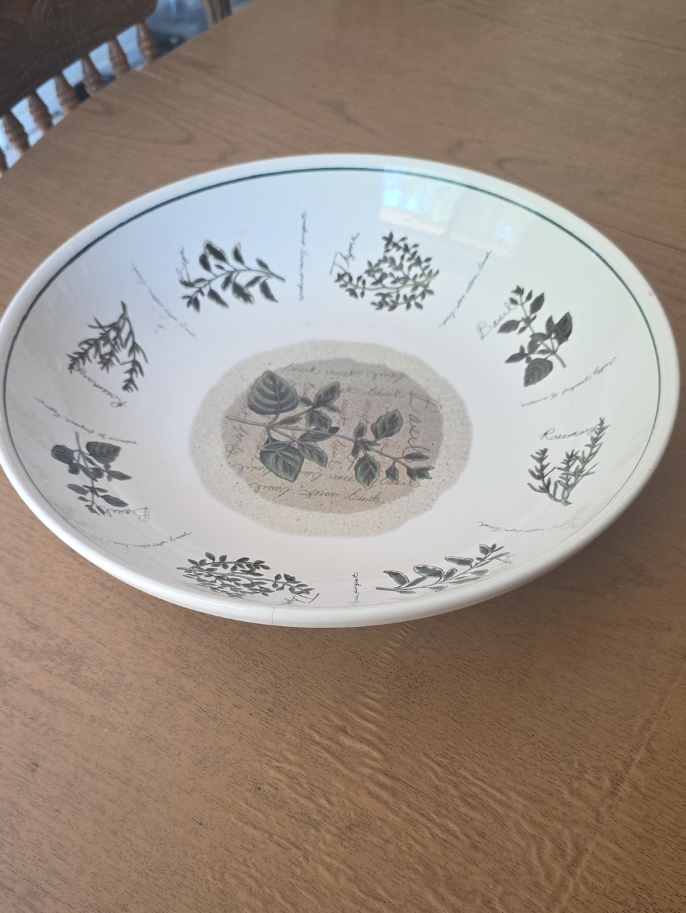 Herb-Pattern White Ceramic Serving Bowl